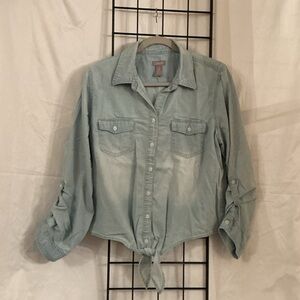 Chico's Soft Blue Cotton crop top Tie at waist Soft elastic waistband in back